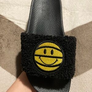 Black Slide Sandals with Yellow Smiley Face